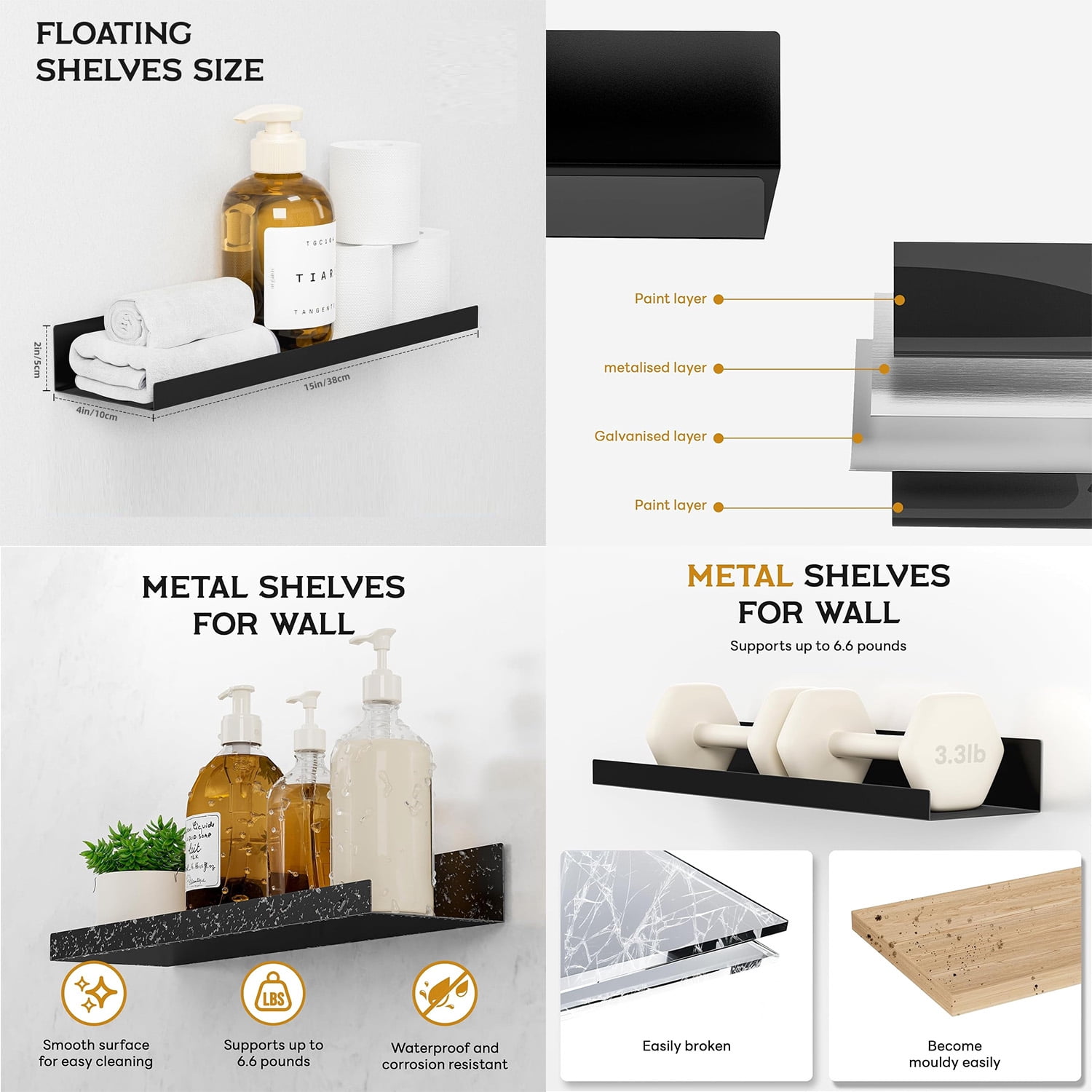 15" Floating Shelves Wall-Mounted Set of 3 Modern Black Display Picture Ledge Shelf for Decor & Storage for Livingroom Kitchen Bedroom Bathroom W/Lip