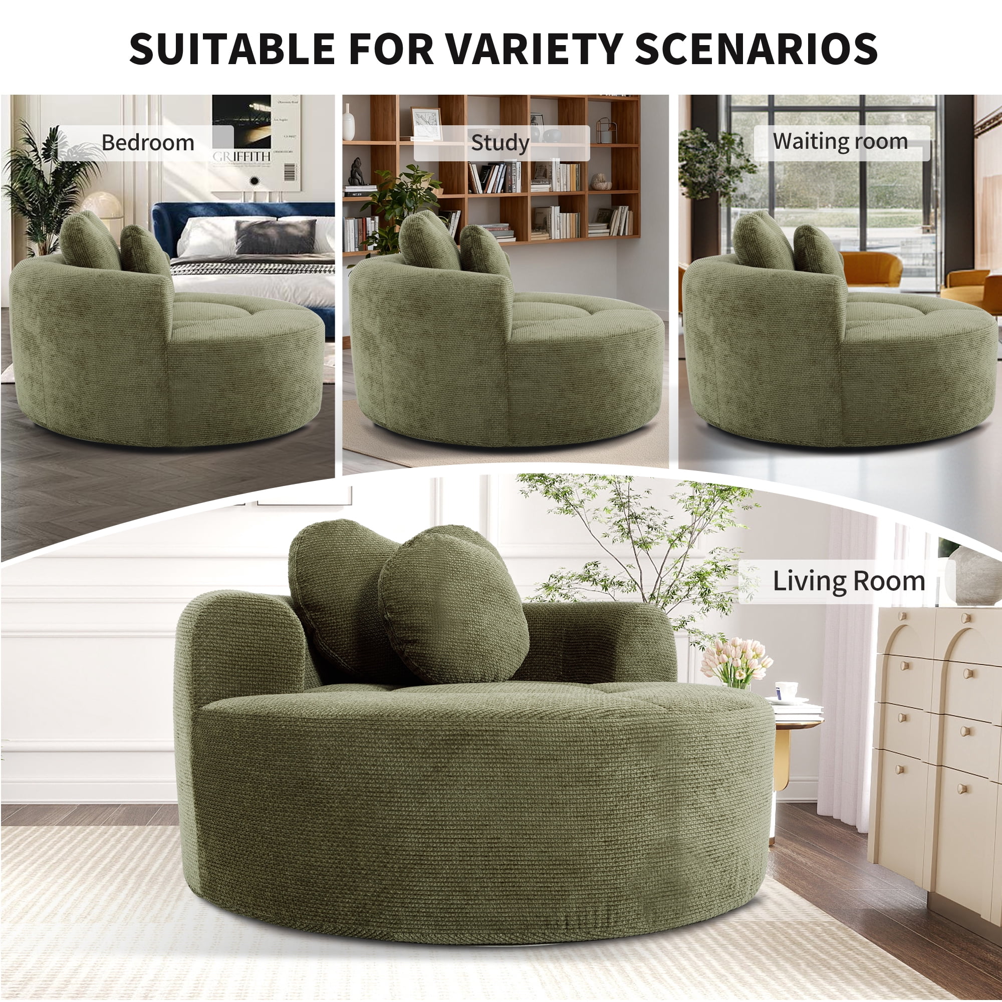 Leumius Oversized Round Chair Lounge Chaise Indoor,Upholstered Round Sofa Bed with Memory Foam,Comfy Cloud Circle Chair with Deep Seat for Living Room Bedroom,No Assembly Required,Green