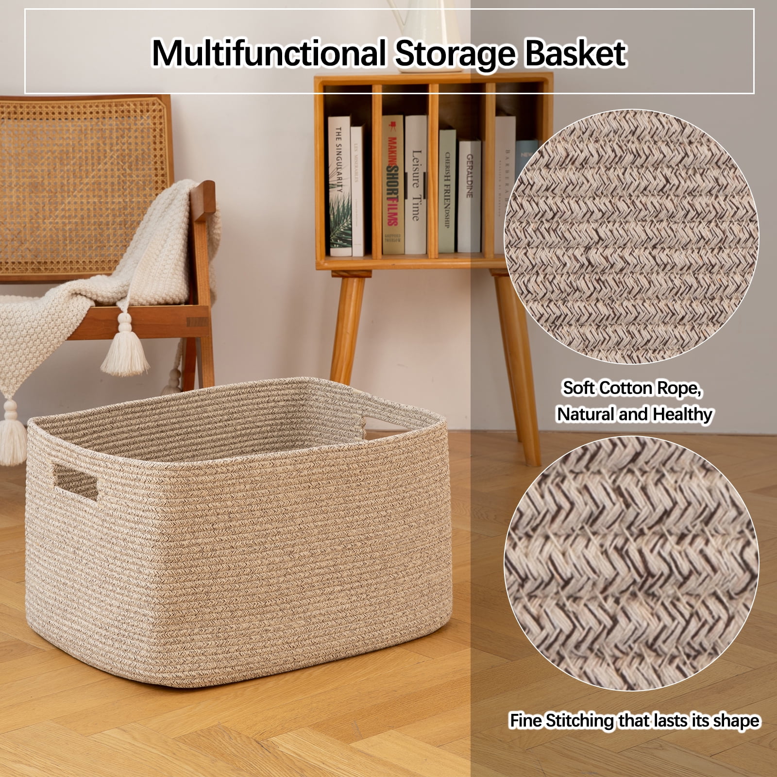 CHERISHGARD 70L Large Laundry Basket, Rectangle Cotton Rope Storage Baskets, Cotton Rope Basket with Handles