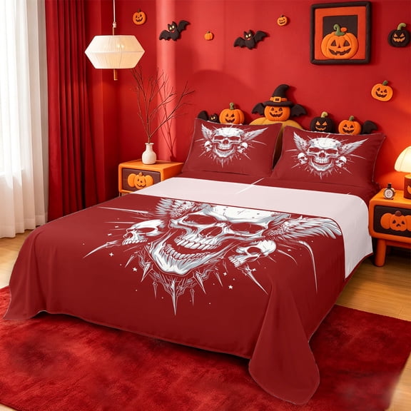 Homewish Halloween Wing Skull Bed Sheets,Sharp Spiked Print Full Size Sheets,Scarlet Red White,4-Piece,1 Flat Sheet,1 Fitted Sheet and 2 Pillowcases