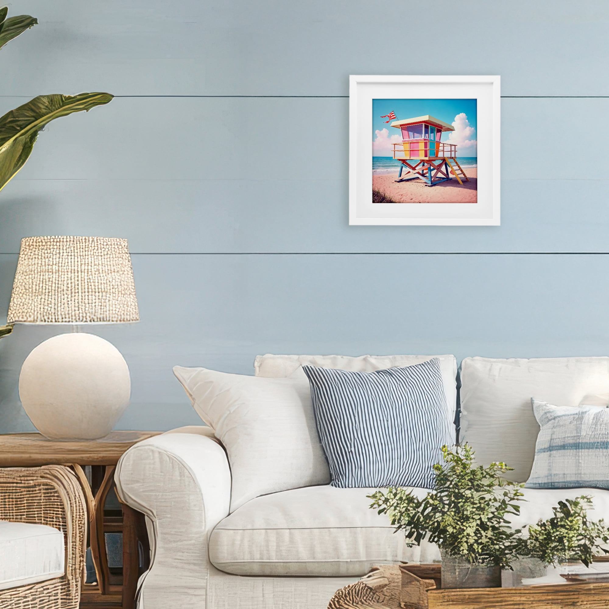 Stupell Industries Colorful Sunny Beach Tower White Framed Print Under Glass, design by Creative Studio