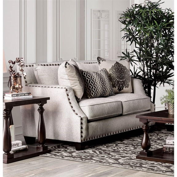 Furniture of America Velma Contemporary Chenille Nailhead Loveseat in Beige