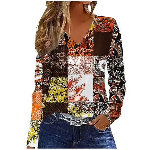Womens Tops Plus Size Long Sleeve Color Block Printing V-neck Casual Loose T-shirt Top Brown