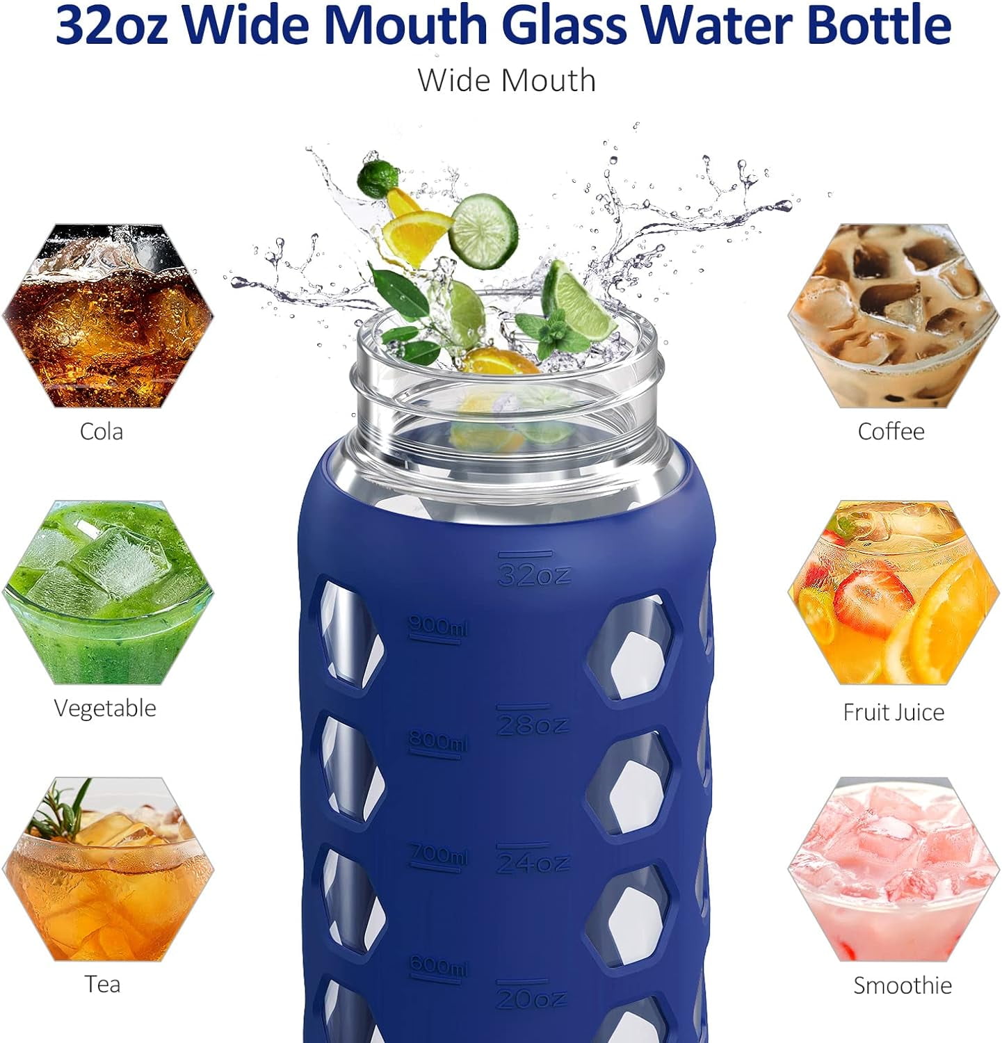 MUKOKO 32oz Glass Water Bottle, Glass Reusable Bottle with Silicone Sleeve and Straw, 1 Cup 2 Lids, Blue
