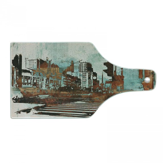 Grunge Cutting Board, Urban Cityscape Contemporary Abstract Acrylic Paint Style Brush Strokes, Tempered Glass Cutting and Serving Board, Wine Bottle Shape, Seafoam Brown White, by Ambesonne