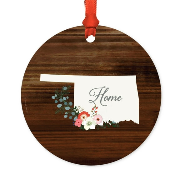 US State Round Metal Christmas Ornament, Rustic Wood with Florals Home, Oklahoma, Includes Ribbon and Gift Bag