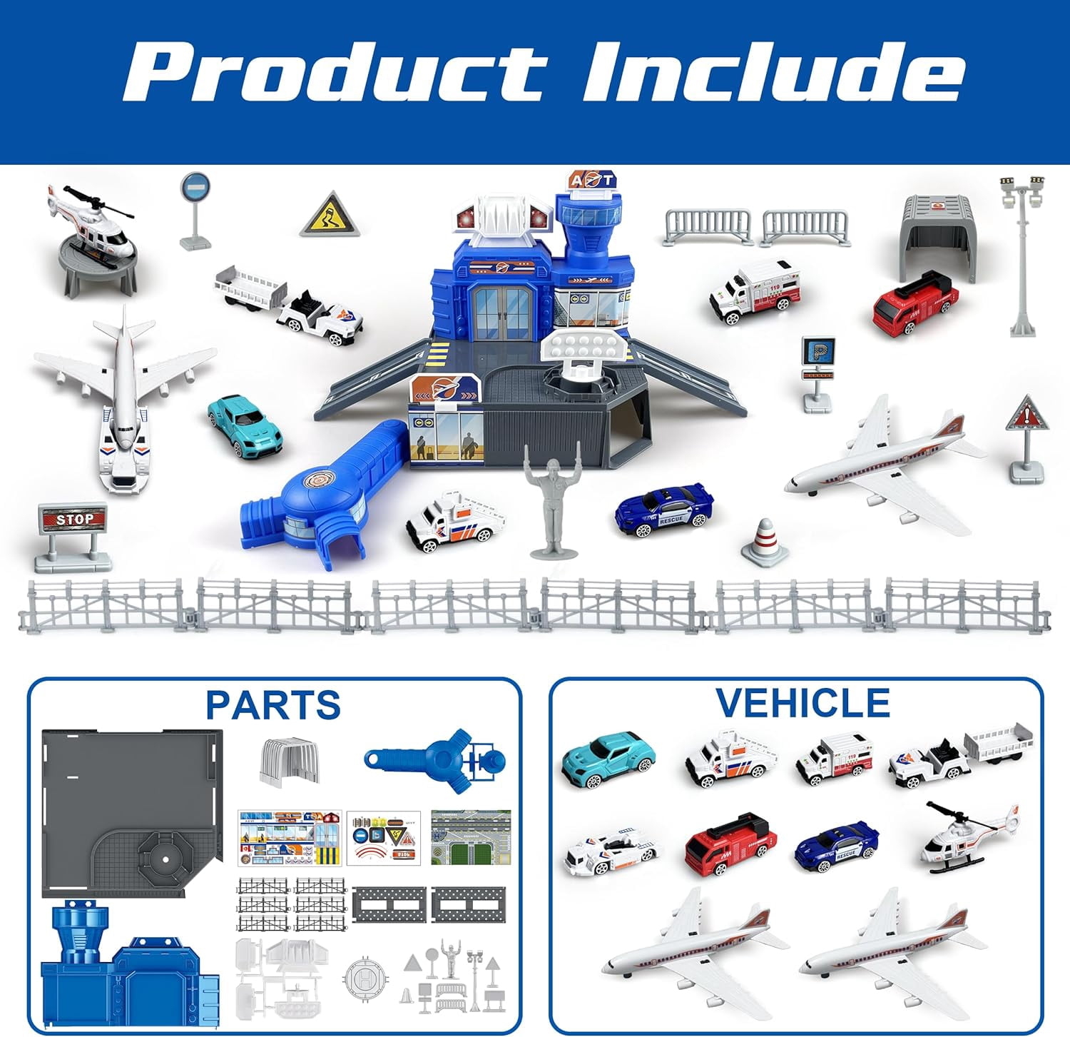 Airplane Toys for Toddlers 2-4, Airplane Toy Set with Trucks Signs and Airport Playmat, Toys for Boys Christmas Birthday Gift
