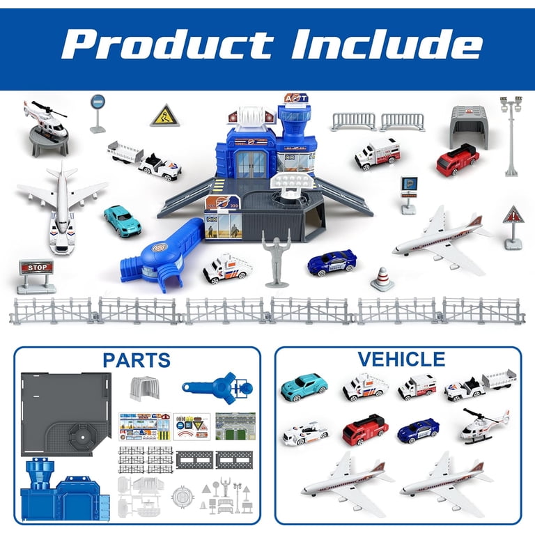 Kids Airplane Toy Set With Airport Playmat - Friction Planes, Cars, Signs For Ages 3+