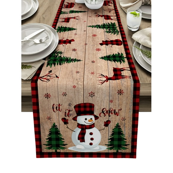 Table Runner 70 Inches Long for Kitchen Dining, Christmas Snowman Dresser Scarf Farmhouse, Dining Table Decorations for Wedding/Parties, Xmas Trees Brown Wood Red Black Plaid 13 x 70 In
