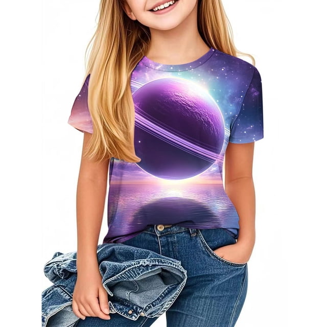 DecSea T-Shirt Imprimé Galaxie pour Enfants Manches Courtes Col Rond 3-14 Ans Unisexe Haut Décontracté d'Été