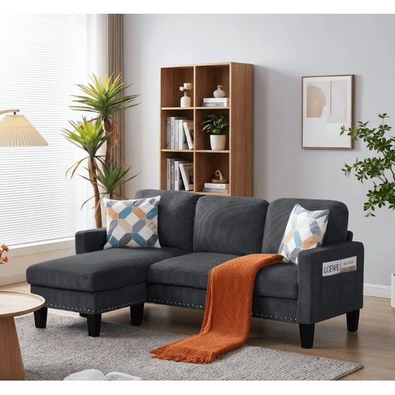 BSHTI 72.64" Corduroy L-Shaped Sectional Sofa with Movable Ottoman, Storage Pocket, Removable Covers for Living Room Office(Dark Grey)