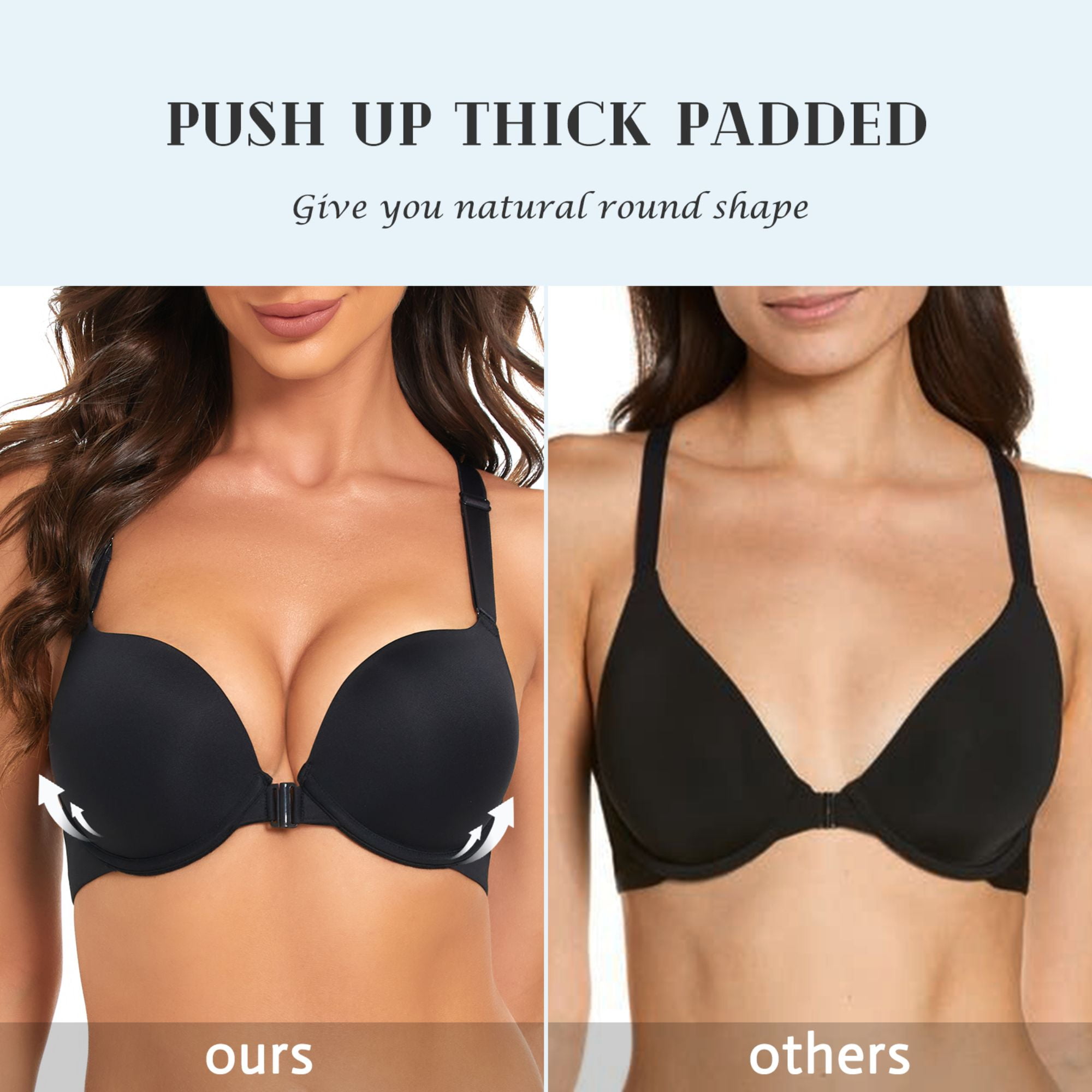 YANDW Women's Push Up Bra Racerback Front Closure Criss-Cross Padded T-Shirt Bras Underwire Plunge Add Cup, Black 38D