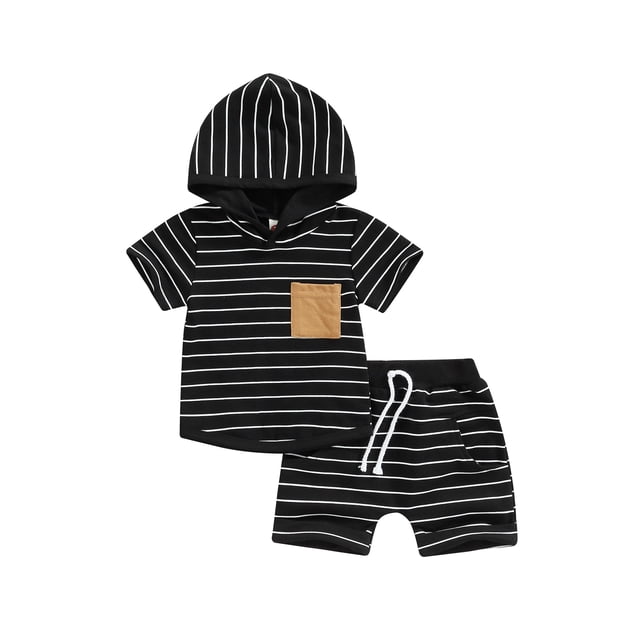 ZAXARRA Ensemble d'Été pour Bébés Garçons, Sweat à Capuche à Manches Courtes à Rayures et Shorts Décontractés à Cordon Élastique