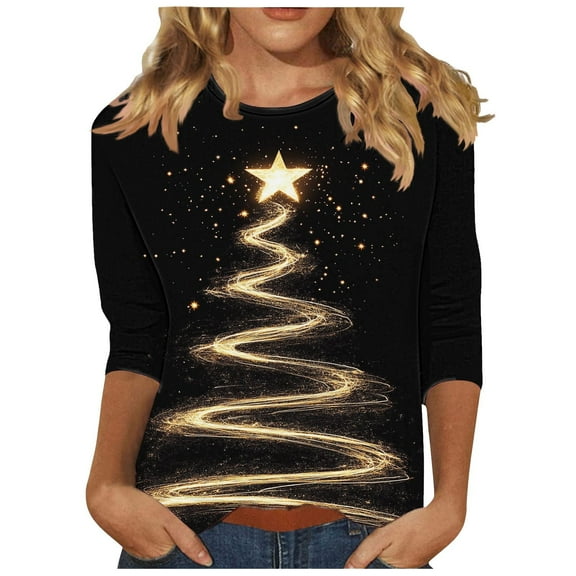 3/4 Sleeve Tees for Women Xmas Novelty Clothing Merry Christmas Pullover Printed Tops Christmas Tree Clothes Reindeer Shirts Shining Stars Outfits Vintage Pullovers