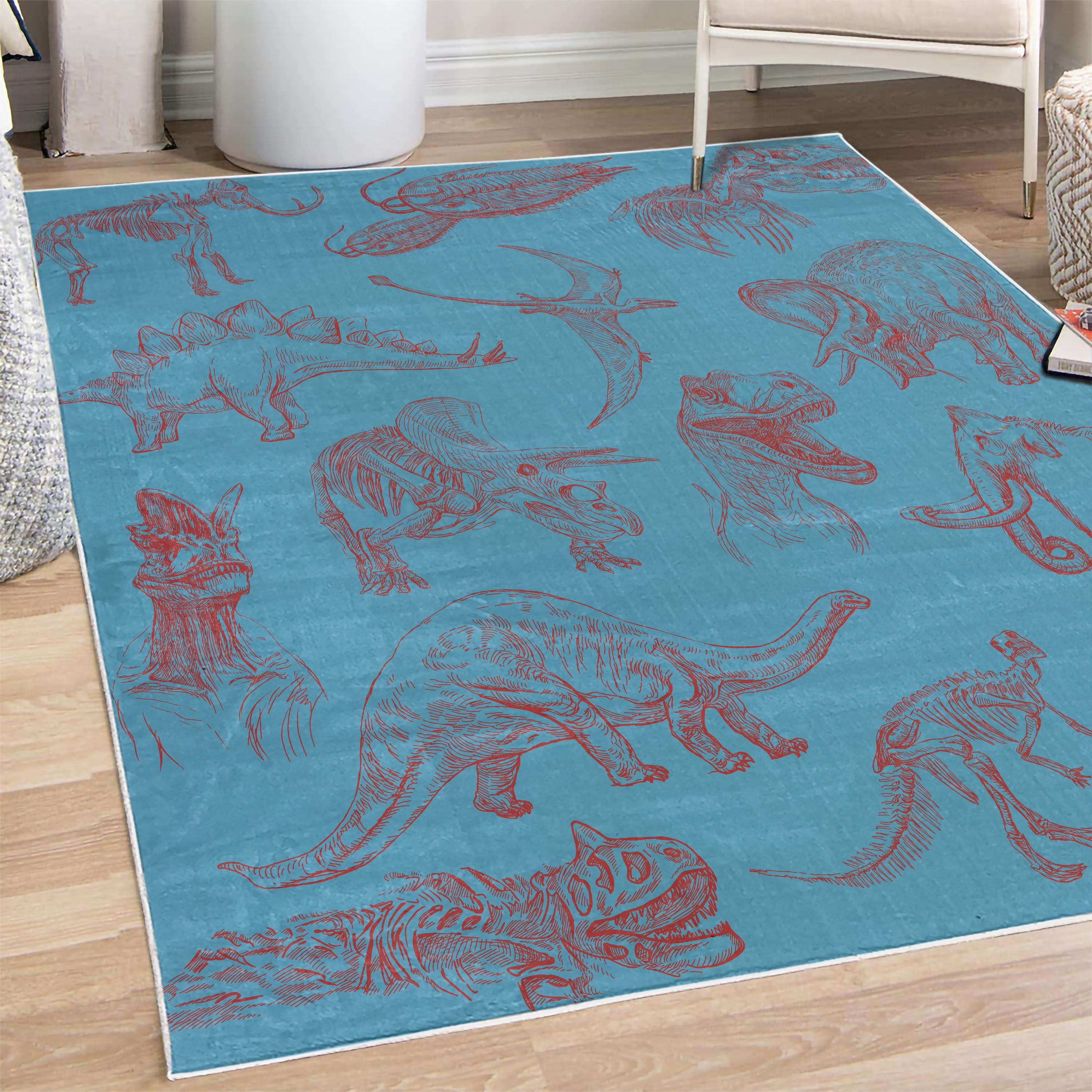 Jurassic Decorative Rug, Arrangement of Various Dinosaurs Illustrations