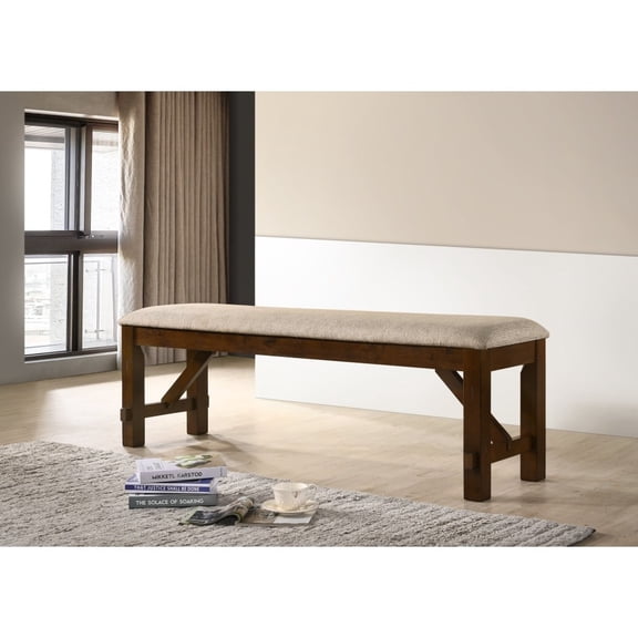 Dining Bench, Solid Wood Construction, 60" x 16" Tan Upholstered Seat, Dark Hazelnut Finish
