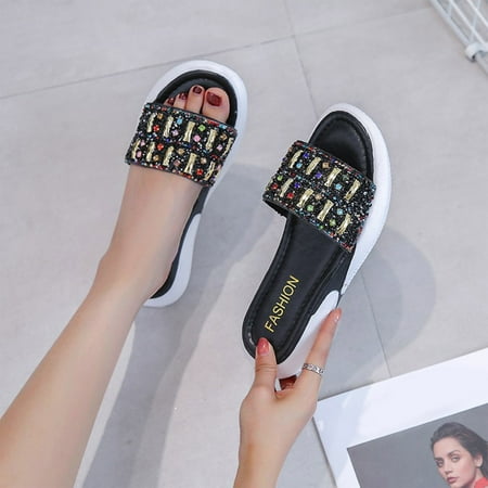 

Cathalem Rhinestone Slippers Slippers And Beach Summer Leisure Sandals Women s Platform Fashion Women s Steppers Womens Sandals Black 7