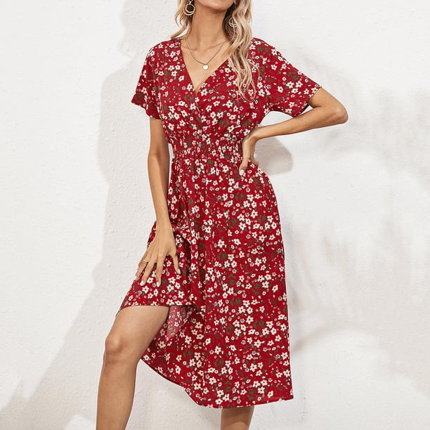 WILLBEST Vestidos Largos Casuales para Mujer Vestido Largo Playero Informal con Estampado Floral, Cuello En V y Manga Corta, Corte A Grande