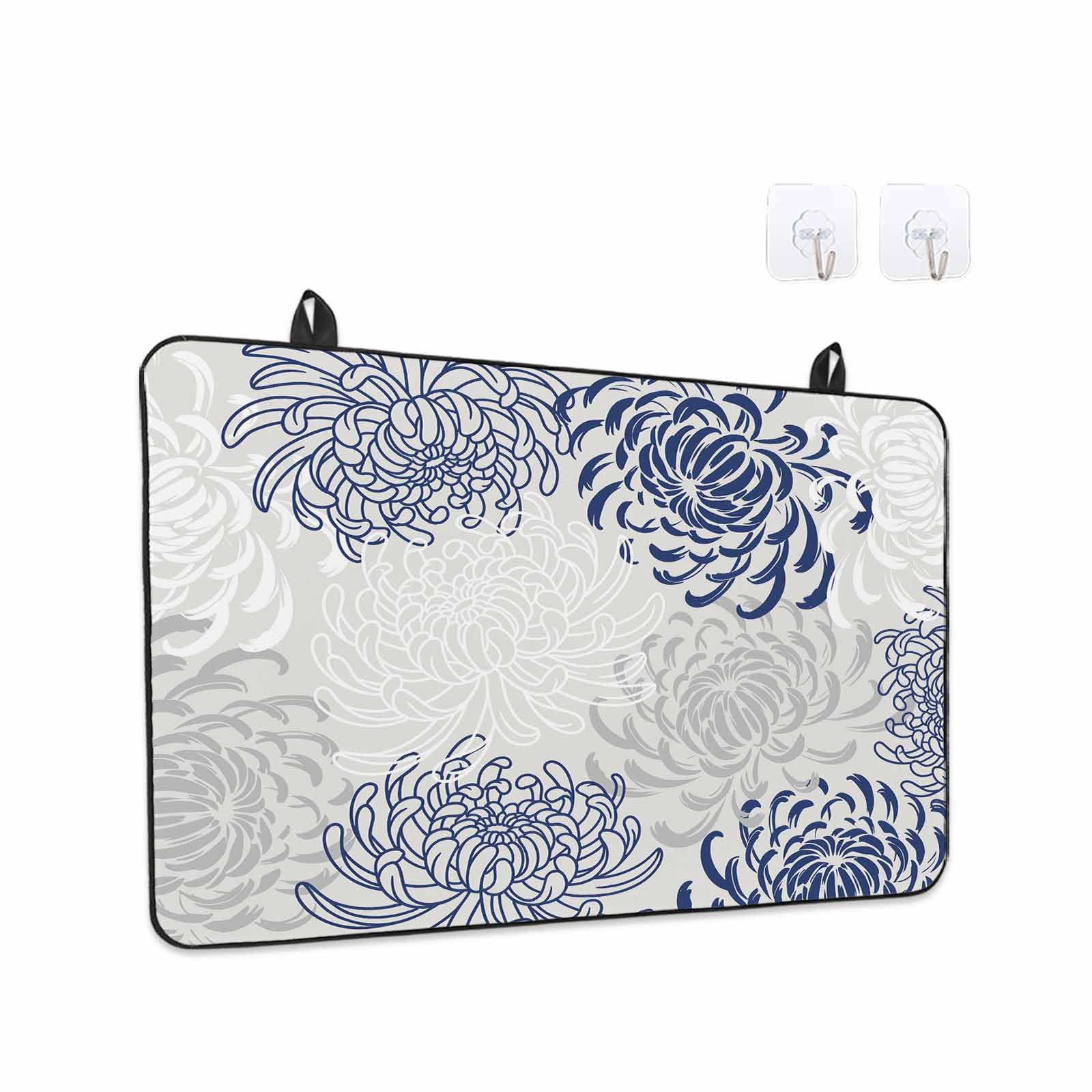 Blue White Stove Top Cover for Electric Stove, Heat-proof & Non Slip Glass Top Stove Cover Protector, Abstract Grey Chrysanthemum Flower Floral Kitchen Flat Cooktop Rubber Mat 36x21 Inches