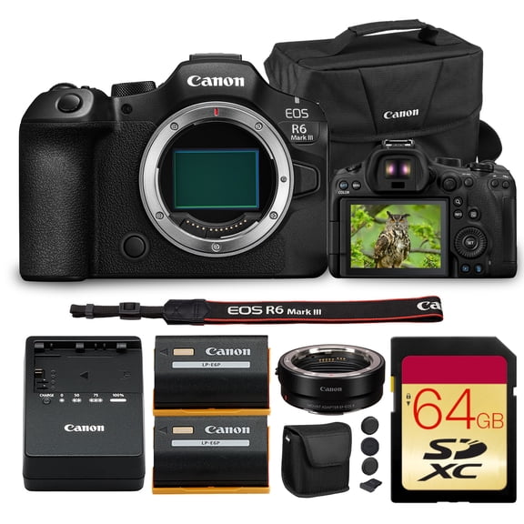 Canon EOS R6 Mark III Mirrorless Camera | Full-Frame RF System Body with Advanced AF, High-Speed Performance & 4K Video | For Weddings, Sports & Creators   Adapter EF-EOS R   64GB Card   More