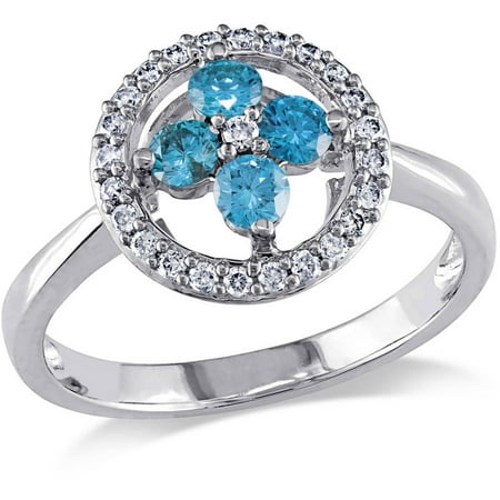 1/2 Carat T.W. Blue and White Diamond 14kt White Gold Floral Ring