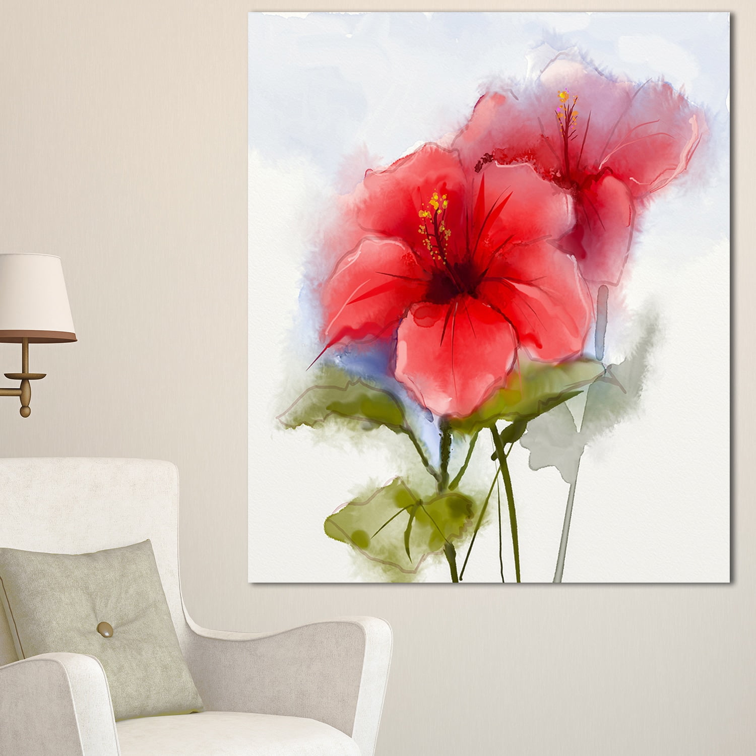 DESIGN ART Designart 'Watercolor Red Hibiscus Flower' Modern Floral