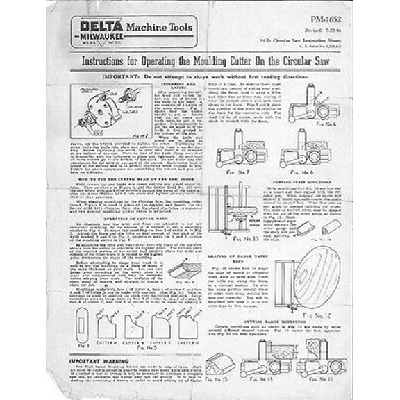 Delta Rockwell PM-1652 Molding Head & Cutter For The Circular Saw Instructions REPRINT