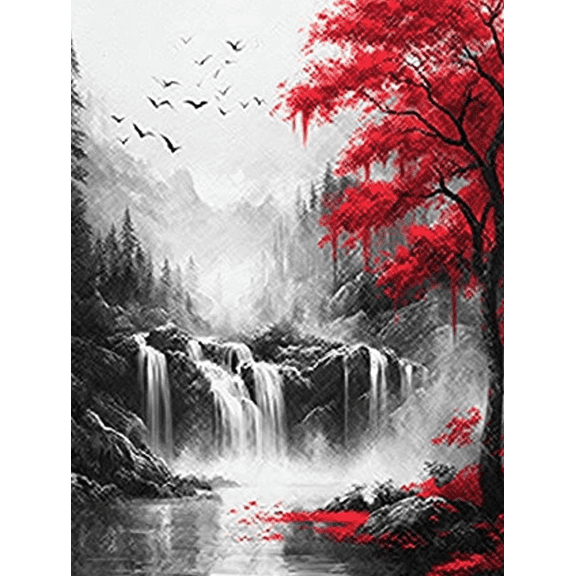 Red Tree Waterfall Landscape Decorative Painting/Canvas Art， Suitable for Living Room，and Gallery Wall Decor， Nature Inspired Artwork