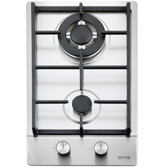 VEVOR Gas Cooktop 12 inch, Max 12250BTU 2 Burners Built-in Stainless Steel Gas Stove Top, LPG/NG Convertible Dual Fuel Natural Gas Hob with Thermocouple Protection