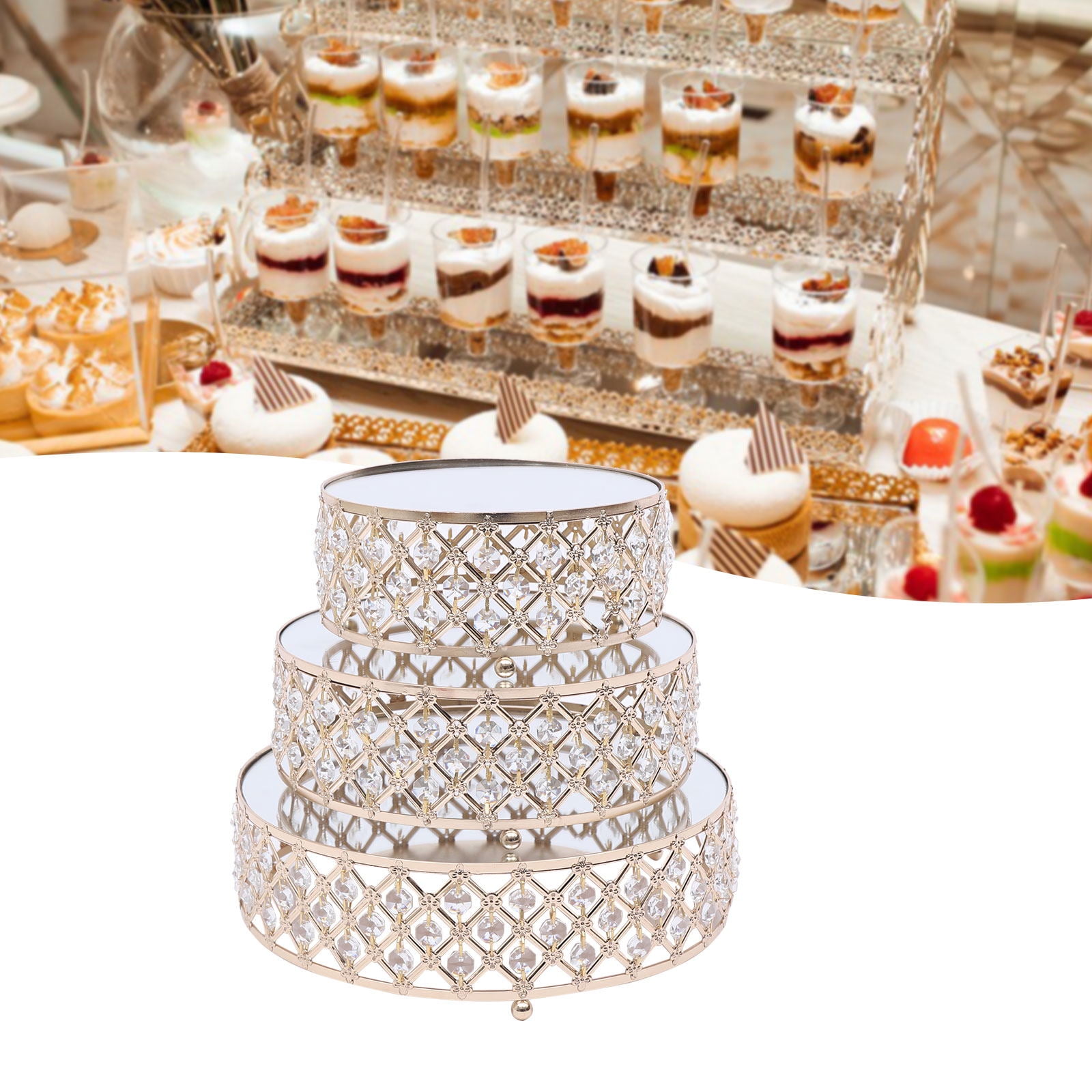 Round Crystal Bead Cake Stand Risers Wedding XV Baby Shower Dessert Tray 14" 