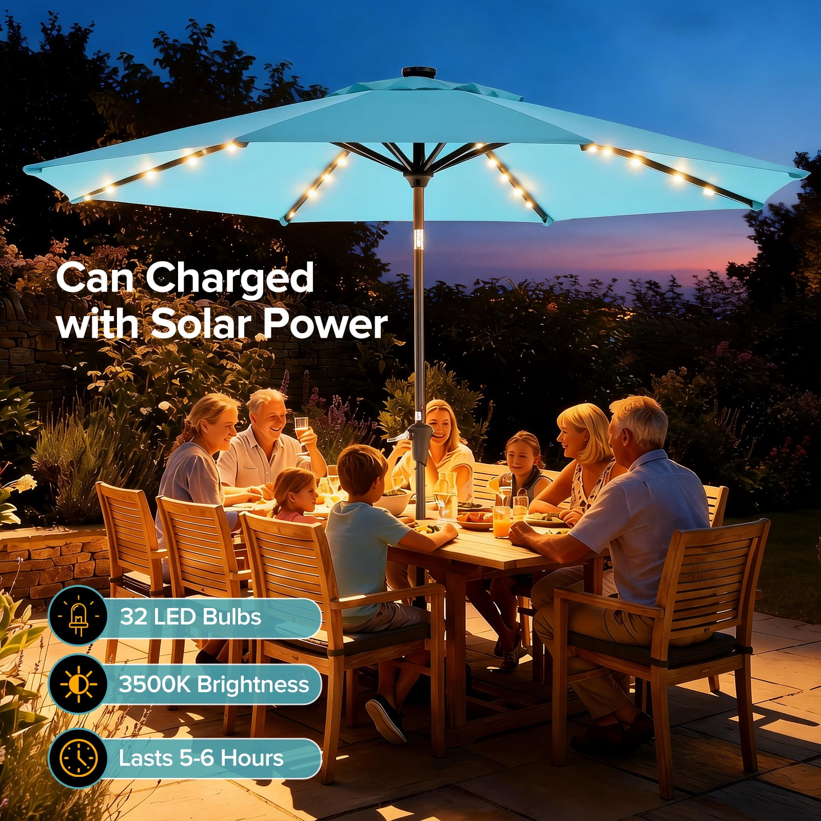SHOUFTW 10FT Patio Umbrella with Solar LED Lights, Push Button Tilt, 8-Rib Outdoor Market Umbrella for Patio Garden, Backyard, Deck, Poolside, Blue