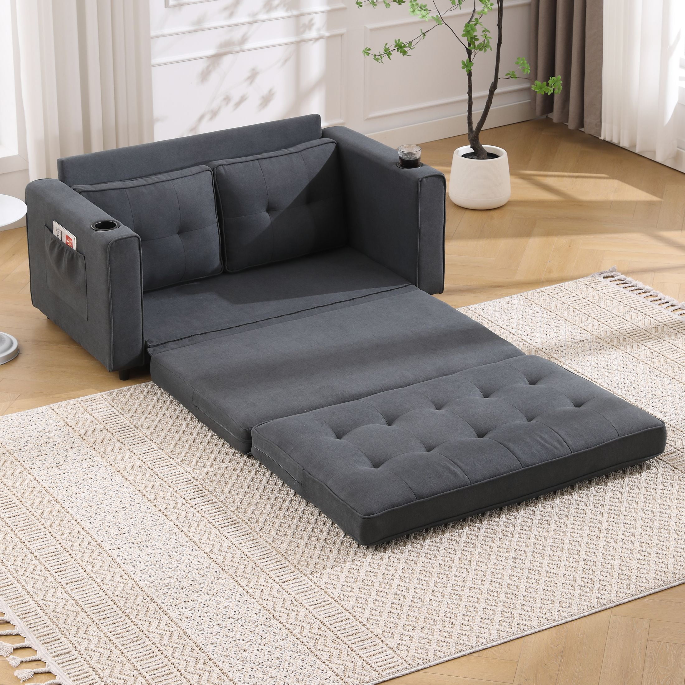 UHOMEPRO Convertible Futon Sofa Bed, Pull Out Loveseat Sleeper Sofa with Side Pockets and Cup Holders, Comfy 3-in-1 Foldable Sofa Couch, Upholstered Floor Couch for Living Room Apartment, Dark Gray