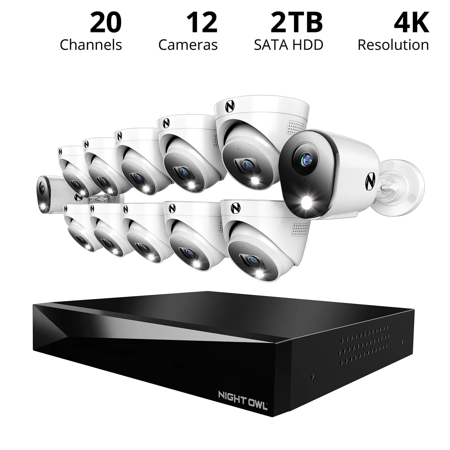 Night Owl 20 Channel 2TB DVR Security System and 12 Wired 4K Cameras - 2 Bullet 10 Dome