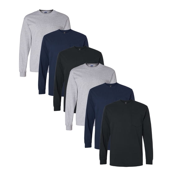 Gildan Long Sleeve Pocket T-Shirt for Men Crew Neck Ultra Cotton Long Tee Comfort and Durability Multi-Color Assorted Tees 6 oz 100% Cotton Long Shirt, 6 Pack Size-S