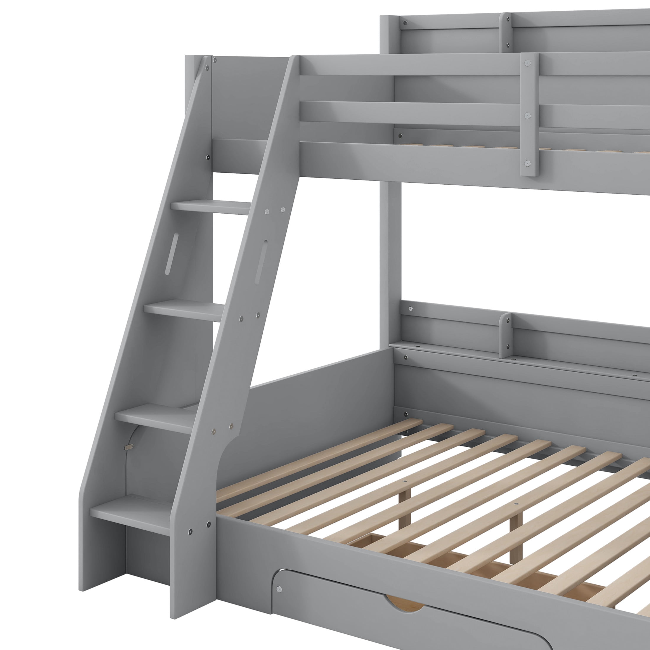 Noble House Alver Twin over Full Bunk Bed with Charging Station, LED Lighting, and Storage Shelves, Space Saving, Gray
