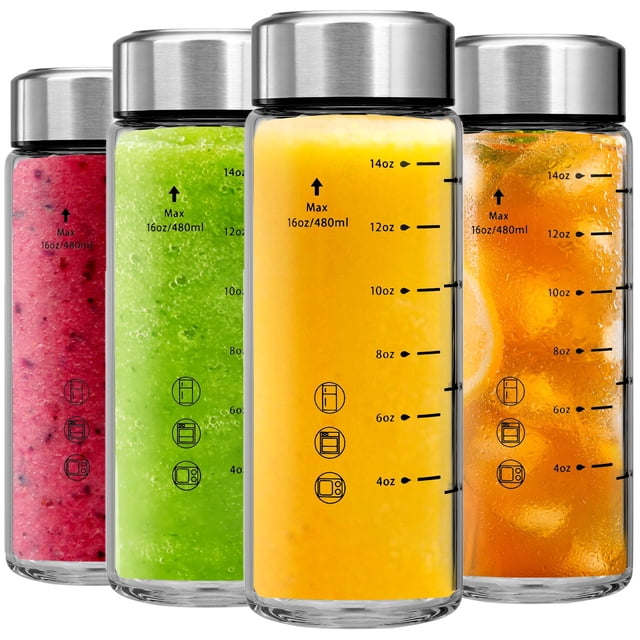 Botellas de jugo de vidrio Chunmo, 500 ml, paquete de 4 con tapas de acero inoxidable