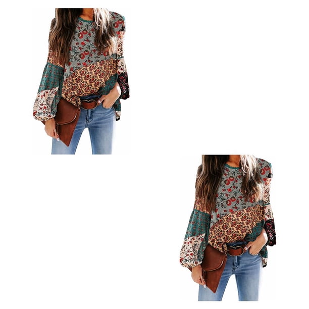Jumpingount Camisa de mujer de poliéster cuello plisado Casual elegante lavable a mano blusa bohemia salidas diarias camisas de oficina ropa verde L Verde L 2piezas Jumpingount CBP137684