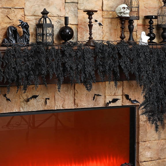Guvpev Halloween Garland - 6FT Artificial Trailing Cedar Garland for Mantel Fireplace, Realistic Black Faux Pine Cedar Garland Halloween Decorations for Home, Stair, Wall, Indoor Outdoor Horror Decor