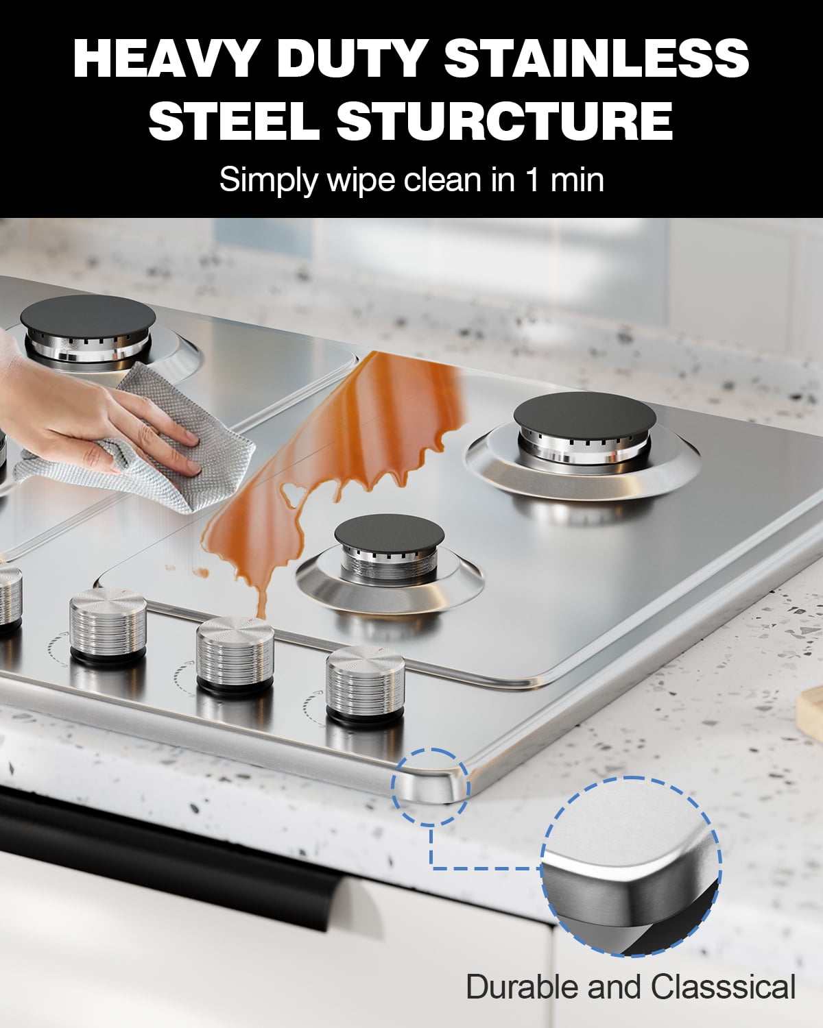 TOPWISH 24" 4-Burner Built-In Gas Cooktop, 27,400 BTU, NG/LP Convertible, 304 Stainless Steel, Thermocouple Flame-Out Protection
