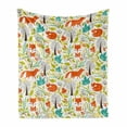 thumbnail image 1 of Cartoon Soft Flannel Fleece Throw Blanket, Wild Fox Wolf with Leaves Flowers and Leafless Trees Print, Cozy Plush for Indoor and Outdoor Use, 50" x 60", Orange Green and Blue, by Ambesonne, 1 of 6