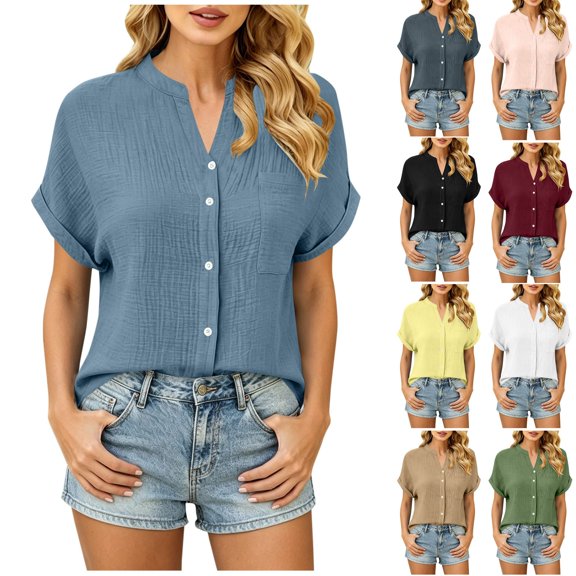 Sheghy Women Tops Cotton Solid Crew Neck Shirt, Button Front Short Sleeve Top with Side Pockets Blouse