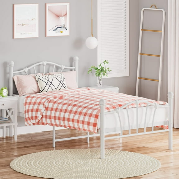 TROPOW Twin Bed Frames,with Heart Shaped Headboard and Footboard Solid Metal Platform Mattress Foundation Noise-Free Heavy Duty Bed Slats Support No Box Spring Needed, Easy Assembly,White
