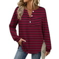 thumbnail image 6 of Womens Long Sleeve Henley Shirts Curved Hem Casual Striped Tunic Tops with Pocket Fall Winter Trendy Clothes, XXL Wine, 6 of 7