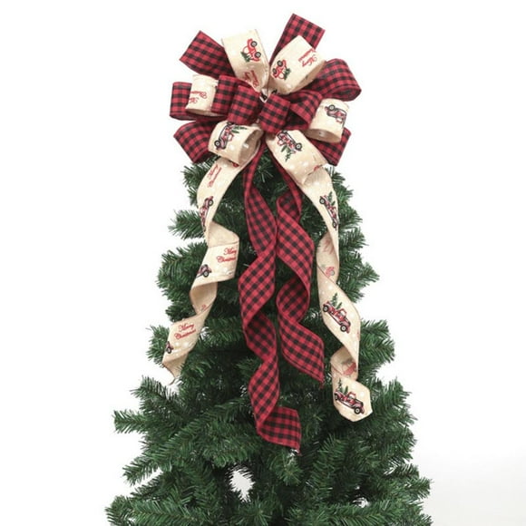 Christmas Tree Topper - Buffalo Plaid Red Black Burlap Decorative Bow - Rustic Farmhouse Xmas Decorations Home Decor - Handmade