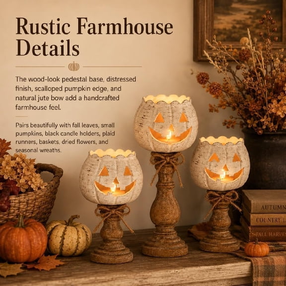 MInHoues Set of 3 Rustic White Pumpkin Tealight Candle Holders, Vintage Pedestal Pumpkin Candle Holder, Halloween & Thanksgiving Table Centerpiece, Farmhouse Fall Home Tabletop Decor