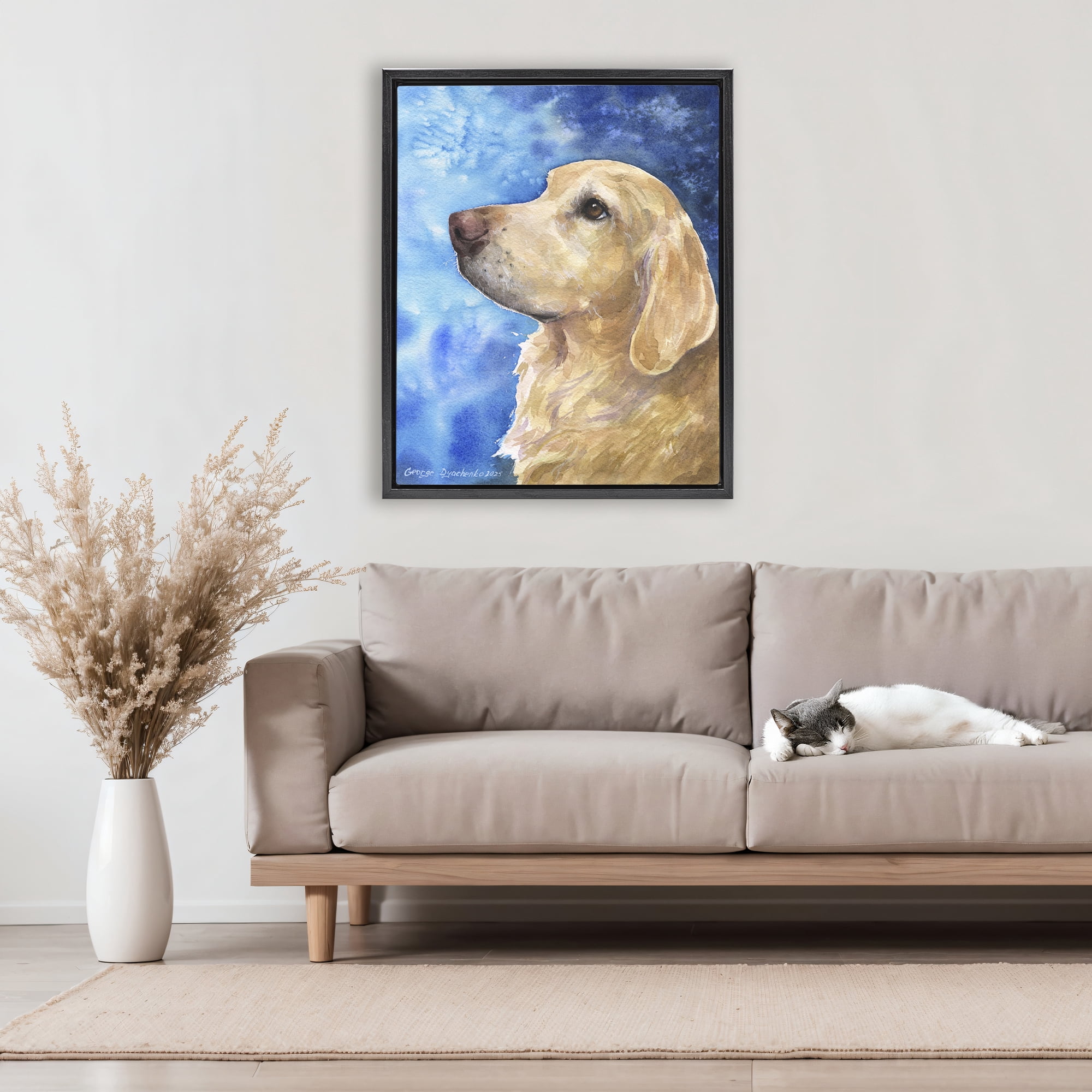 Stupell Industries Golden Retriever Portrait on Azure Black Framed Floater Canvas Wall Art, design by George Dyachenko