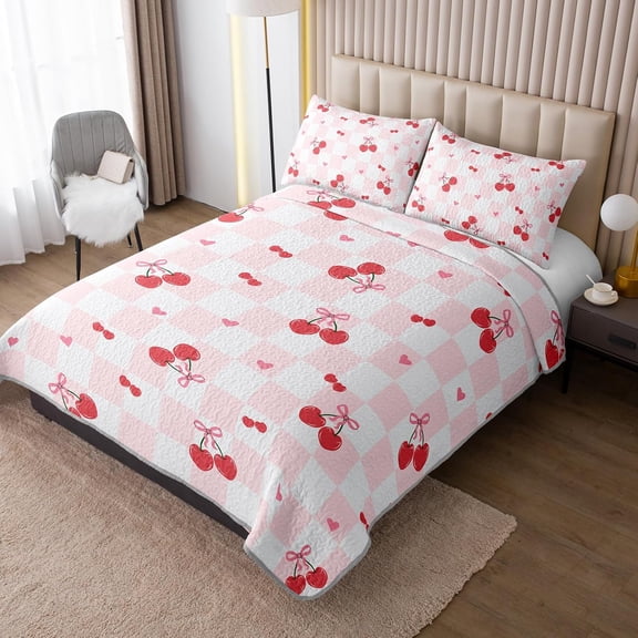 Pink Bow Quilt Set Full/Queen Size, 3 Pieces Cherry Printed Bedspreads Coverlet Set, Soft Microfiber Lightweight Bowknot Plaid Bedding Set with 2 Pillowcases for All Season