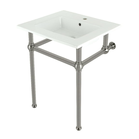 Kingston Brass KVBH252278 Templeton 25" Ceramic Console Sink with Brass Legs (1-Hole), White/Brushed Nickel