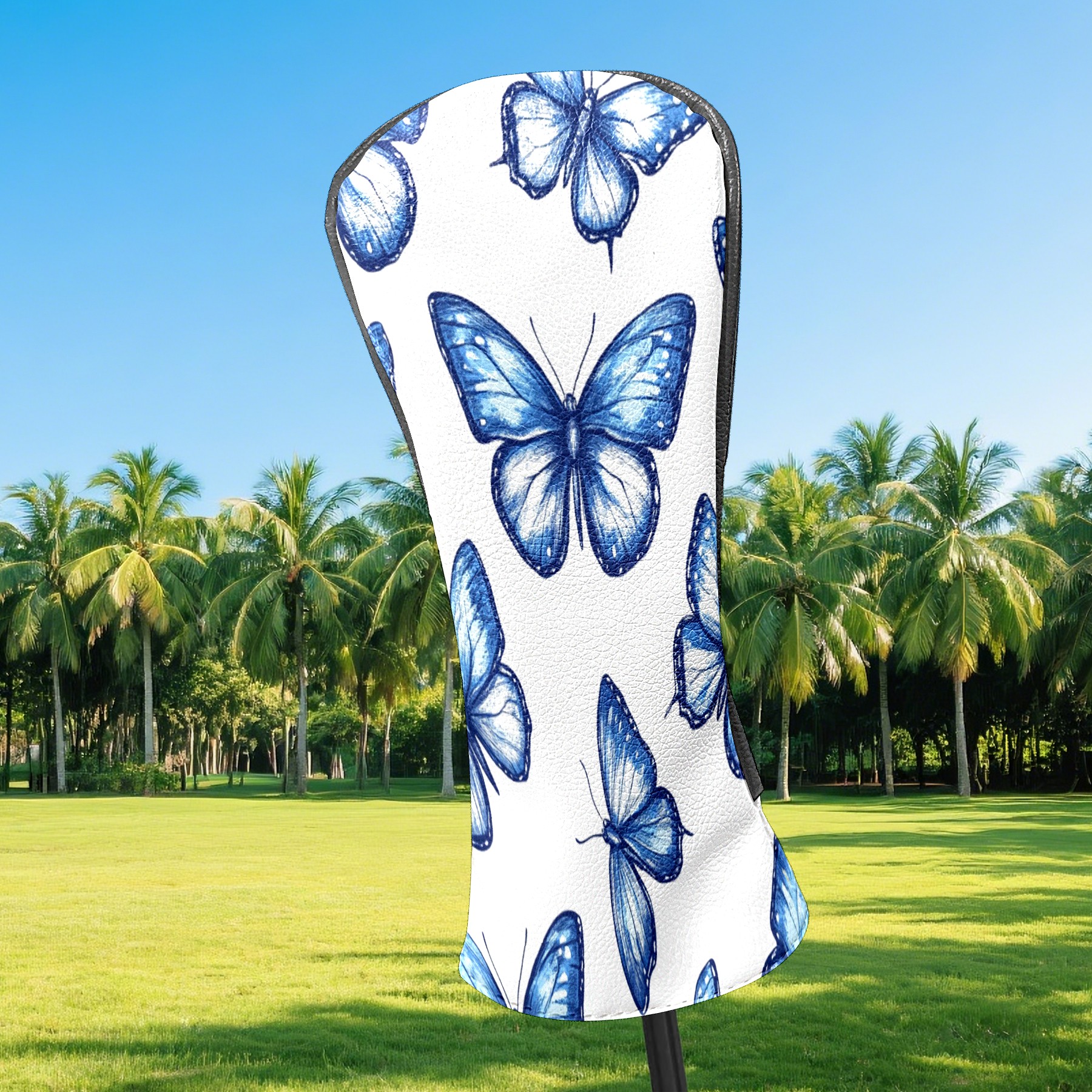 Golf Club Covers PU Leather Waterproof Head Covers for Fairway Woods Hybrids Blue Butterfly