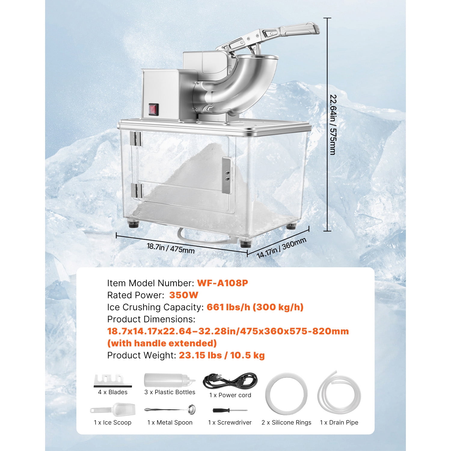 KFFKFF Commercial Ice Crusher 661LBS/H, 350W Electric Snow Cone Machine with 4 Blades, 2000RPM Stainless Steel Shaved Ice Maker with 11 Gal Ice Storage Box, Ideal for Homes, Restaurants, and Bars